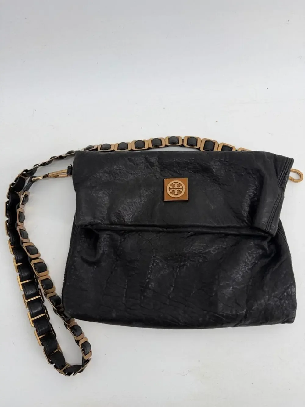 Tory Burch soft leather fold over magnetic closure metal strap crossbody purse